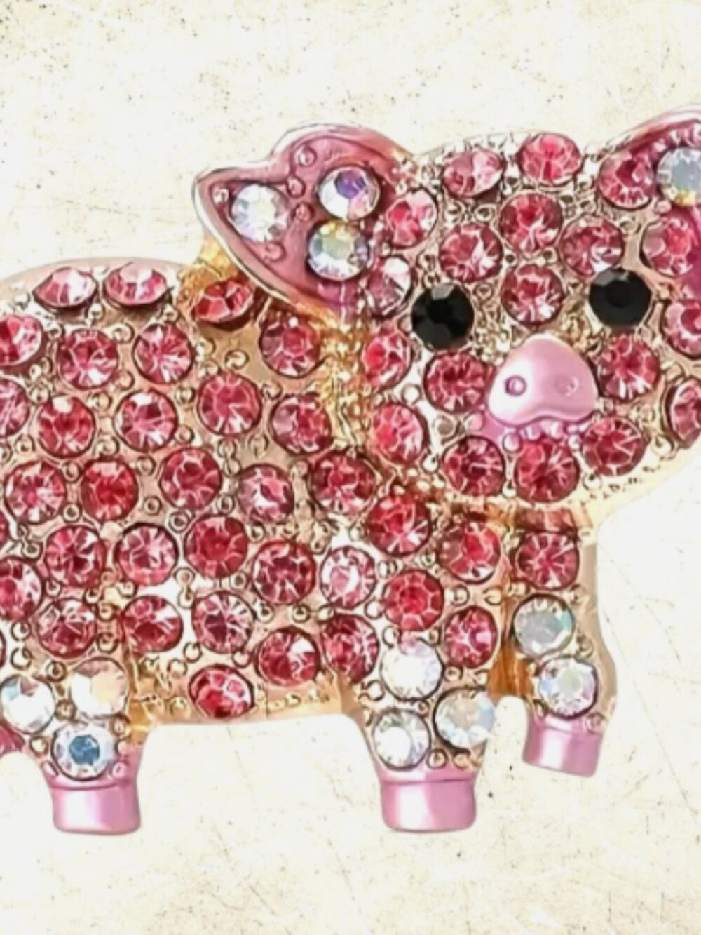 Pink Pig Crystal Brooch Iridescent Gold Tone Animal Pin